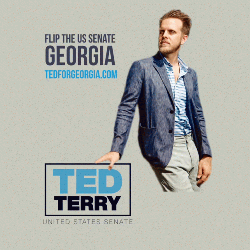 A Man In A Suit Stands In Front Of A Sign That Says Ted Terry United States Senate GIF