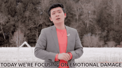 A Man In A Suit Stands In Front Of A Snowy Field With The Words Today We 'Re Focusing On Emotional Damage Below Him GIF