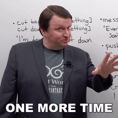 A Man In A Suit Stands In Front Of A White Board With The Words One More Time Written On It GIF