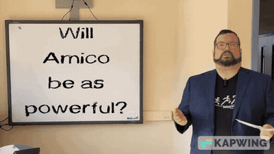A Man In A Suit Stands In Front Of A Whiteboard That Says Will Amico Be As Powerful GIF