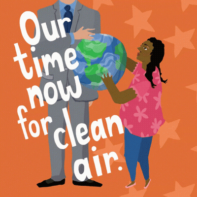 A Man In A Suit Stands Next To A Woman Holding A Globe With The Words " Our Time Now For Clean Air " GIF