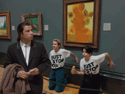 A Man In A Suit Stands Next To Two Children Wearing Shirts That Say Just Stop Oil GIF