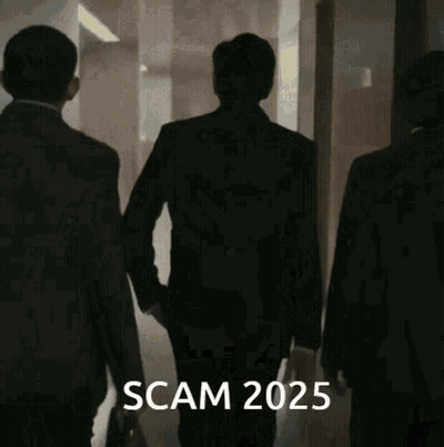 A Man In A Suit Walking Down A Hallway With Scam 2025 Written On The Bottom GIF