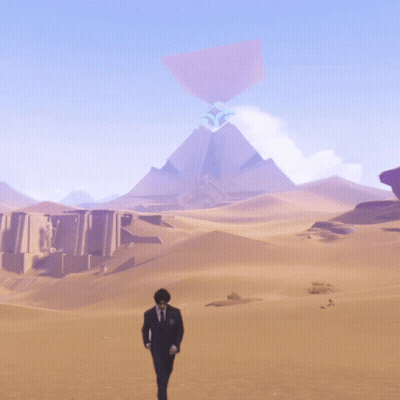 A Man In A Suit Walks Through A Desert With A Mountain In The Background GIF