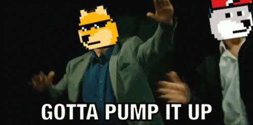 A Man In A Suit With A Doge On His Head And The Words Gotta Pump It Up Behind Him GIF