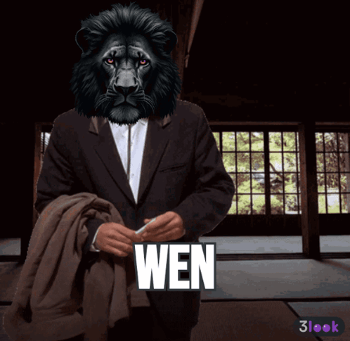 A Man In A Suit With A Lion 'S Head Has The Word Wen On The Bottom GIF