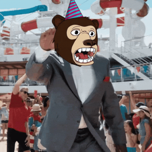 A Man In A Suit With A Monkey Mask On His Head GIF