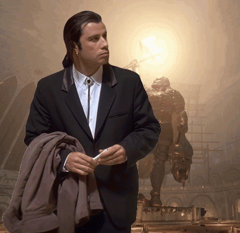 A Man In A Suit With A Statue In The Background GIF