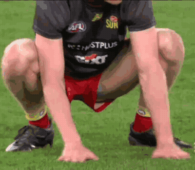 A Man In A Sun Shirt Squatting Down On The Grass GIF