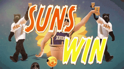 A Man In A Suns Jersey Is Surrounded By Cartoon Characters GIF
