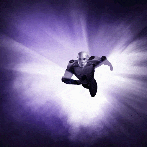 A Man In A Superhero Costume Is Flying Through A Purple Sky GIF