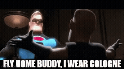 A Man In A Superhero Costume Is Hugging Another Man And Saying `` Fly Home Buddy , I Wear Cologne '' GIF