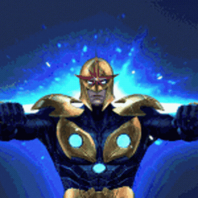A Man In A Superhero Costume Is Standing In Front Of A Blue Background With His Arms Outstretched . GIF