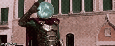 A Man In A Superhero Costume Is Standing In Front Of A Building With A Sphere On His Head . GIF