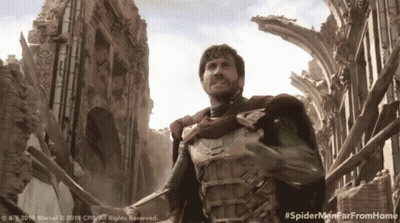 A Man In A Superhero Costume Is Standing In Front Of A Ruined Building With The Hashtag #Spidermenfarfromhome GIF