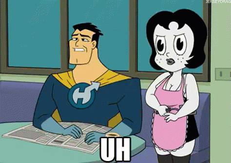 A Man In A Superhero Costume Sits At A Table Next To A Woman In An Apron Who Says Uh . GIF