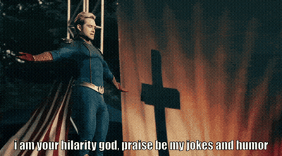a man in a superhero costume stands in front of a cross and says i am your hilarity god