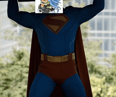 A Man In A Superman Costume Has A Picture Of A Cartoon Character Behind Him GIF