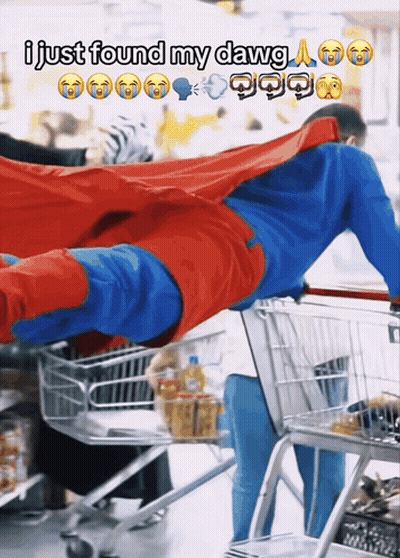 A Man In A Superman Costume Is Pushing A Shopping Cart With A Caption That Says I Just Found My Dawg GIF