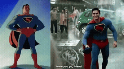 A Man In A Superman Costume Is Standing Next To A Picture Of A Man In A Superhero Costume . GIF