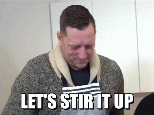 A Man In A Sweater And Apron Is Saying Let 'S Stir It Up GIF