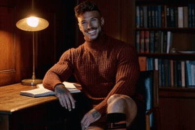 A Man In A Sweater Is Sitting At A Desk With A Lamp GIF