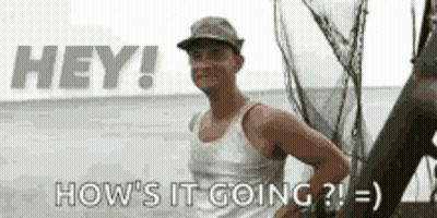 A Man In A Tank Top And Hat Is Standing On A Beach And Says `` Hey ! How 'S It Going ? '' GIF