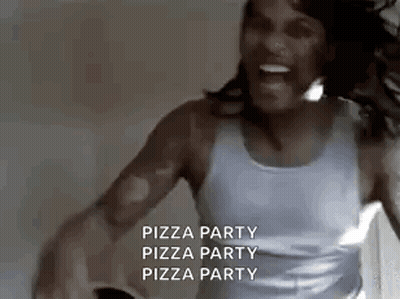 A Man In A Tank Top Is Dancing In A Room With The Words `` Pizza Party '' Written On The Bottom . GIF