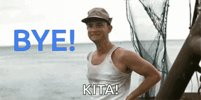 A Man In A Tank Top Is Standing On A Boat And Says Bye Kita GIF