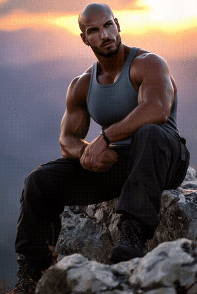 A Man In A Tank Top Sits On A Rock With His Hands Folded GIF