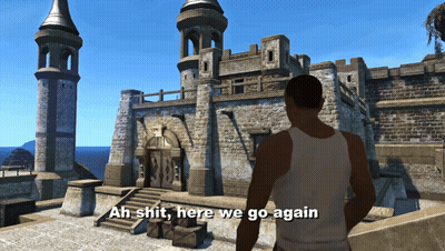 A Man In A Tank Top Stands In Front Of A Castle With The Words Ah Shit Here We Go Again Below Him GIF