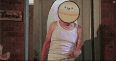 A Man In A Tank Top With A Smiley Face On His Face Is Standing In Front Of A Mirror . GIF