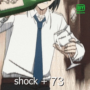A Man In A Tie Is Holding A Wine Glass And A Bottle Of Wine With The Words Shock + 73 Below Him GIF