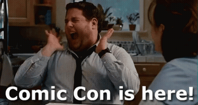 A Man In A Tie Is Screaming In A Kitchen With The Words Comic Con Is Here GIF