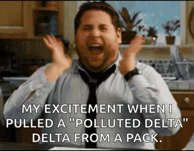 A Man In A Tie Is Screaming With The Words " My Excitement When I Pulled A " Polluted Delta " Delta GIF