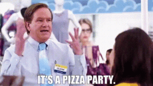 A Man In A Tie Is Talking To A Woman In A Store And Saying `` It 'S A Pizza Party '' . GIF