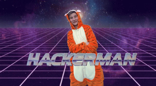 A Man In A Tiger Costume Is Standing In Front Of The Hackerman Logo GIF
