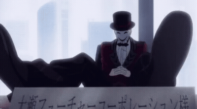 A Man In A Top Hat And Bow Tie Is Sitting In Front Of A Sign That Says ' Corporation ' On It . GIF