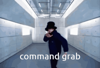 A Man In A Top Hat Is Dancing In A Hallway With The Words Command Grab Written In White GIF