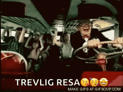 A Man In A Top Hat Is Driving A Bus With The Words Trevlig Resa On The Bottom Right GIF