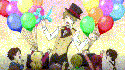 A Man In A Top Hat Is Holding A Balloon In Front Of A Crowd Of People . GIF
