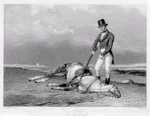 A Man In A Top Hat Is Pulling A Dead Horse On A Hill . GIF