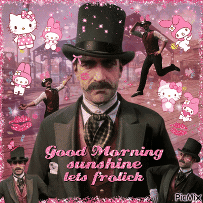 A Man In A Top Hat Says Good Morning Sunshine Lets Frolick On A Pink Background GIF