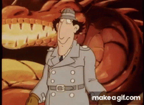 A Man In A Trench Coat Is Standing In Front Of A Large Red Dragon . GIF