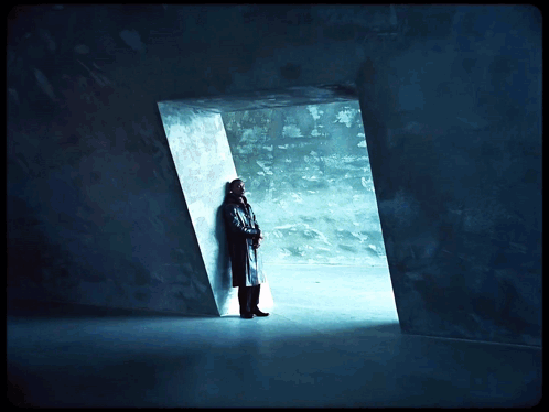 A Man In A Trench Coat Stands In A Dark Room Looking Out A Doorway GIF