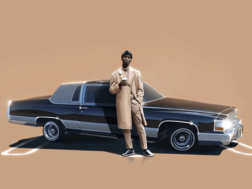 A Man In A Trench Coat Stands In Front Of A Low Rider Car GIF