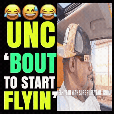 A Man In A Trucker Hat Is Sitting In A Car Next To A Sign That Says " Bout To Start Flyin " GIF