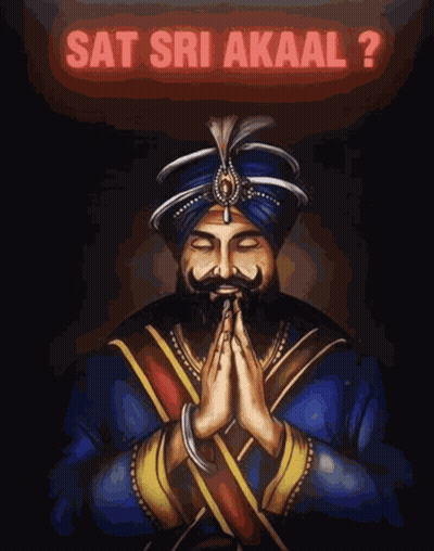 A Man In A Turban Is Praying With The Words Sat Sri Akaal Behind Him GIF