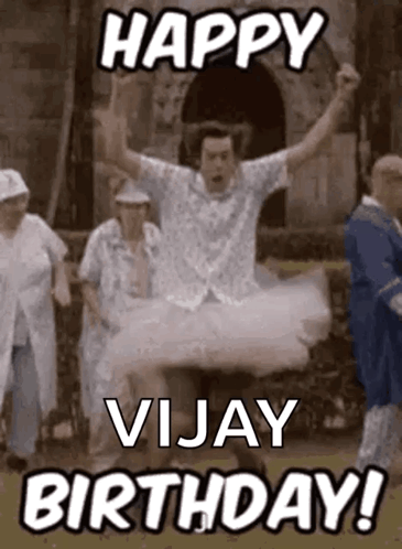 A Man In A Tutu Is Jumping In The Air And Saying Happy Birthday . GIF