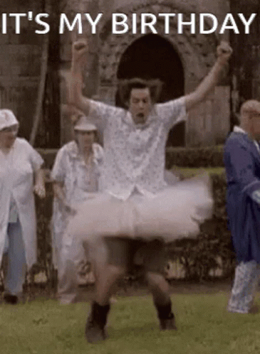 A Man In A Tutu Is Jumping In The Air In Front Of A Group Of People And Says It 'S My Birthday . GIF